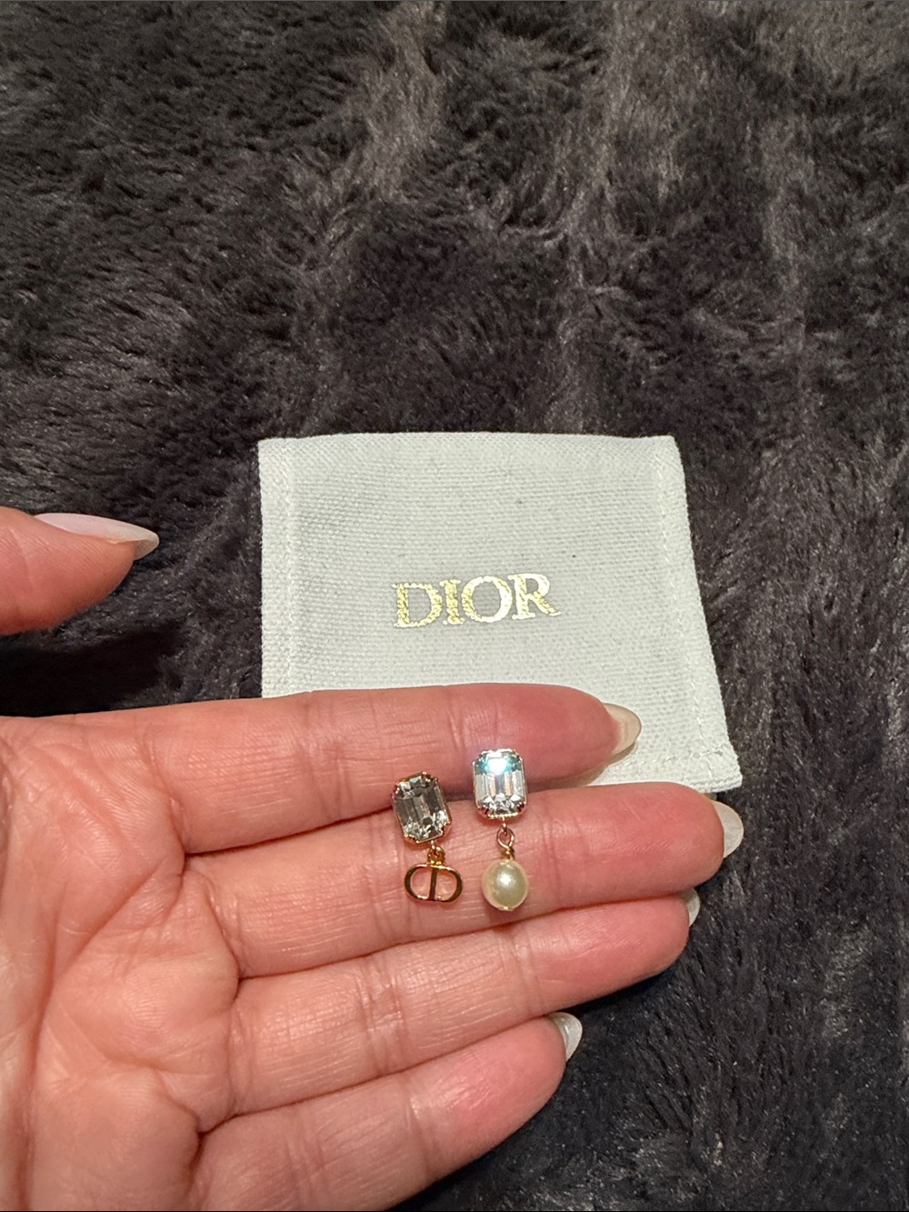 Dior Gold Crystal Stud Earrings with Pearl and CD Drop - Clear & Gold